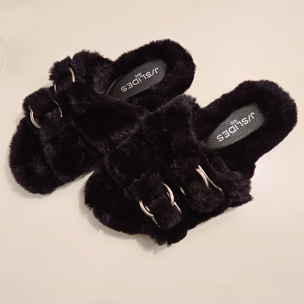 J/Slides Womens Black Faux Fur Slides (NEW)